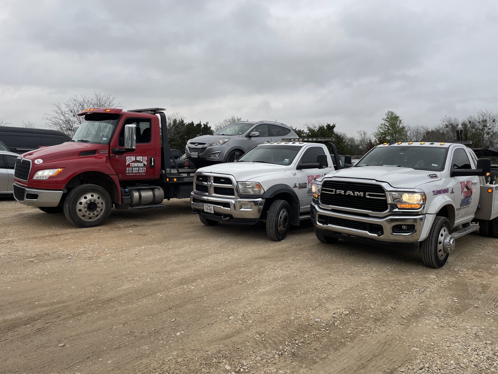 Selena Auto LLC Towing tow trucks — a flatbed truck and two Ram tow trucks lined up at the yard